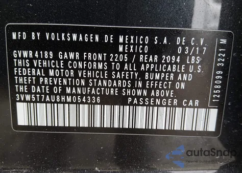 2017 Volkswagen Golf Gti Autobahn 4-Door/S 4-Door/Se 4-Door/Sport 4-Door z USA, uszkodzony, nr VIN 3VW5T7AU8HM054336